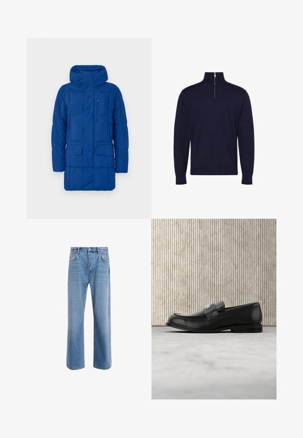 Blå polstret parka-jakke med høj krave, frontlynlås og flere lommer. Har hætte og quiltet struktur for varme og komfort.; Mørkeblå langærmet sweater med høj krave og en halvlukning med lynlås foran i midten, med lille broderet logo på brystet.; Lyseblå denim jeans med lige ben-design, fem lommer, knaplukning, minimal falming og kontraststingdetaljer.; Sort læderloafer med metalbrandskilt hvilende nær et brunt rundt bord på beige tæppe.