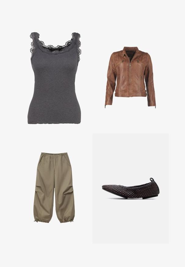 JCC Lederjacke - cognac; Graues geripptes Tanktop mit Spitzenbesatz am Ausschnitt. Der Stoff ist weich und hat eine figurbetonte Form, mit leichtem Stretch und gewellten Kanten.; Lockere Khakihose mit elastischem Bund und Kordelzügen am Saum, mit Seitentaschen und einem lockeren, lässigen Stil.; Schwarzer Ballerina mit spitz zulaufender Spitze, einem strukturierten, gewebten Obermaterial und einer kleinen Lasche an der Ferse, seitlich auf weißem Hintergrund dargestellt.