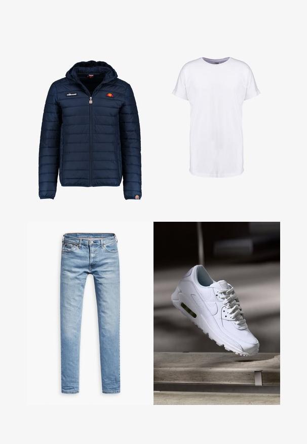 Mørkeblå puffjakke med hætte, lynlåslukning, kanalstyret syning og logo-detaljer på brystet og ærmet. Blødt, struktureret stof.; Neutral hvid kortærmet t-shirt med op rullede ærmekanter og rund halsudskæring, vist på en hvid baggrund.; Lyseblå denimbukser, lige pasform, fem-lomme design, med lynlås og knaplukning. Glat tekstur med subtile falmede detaljer.; Hvide lædersneakers med teksturerede overflader, polstret krave og synlig luftpolstring i sålen. Har snørrebånd og et minimalistisk design.