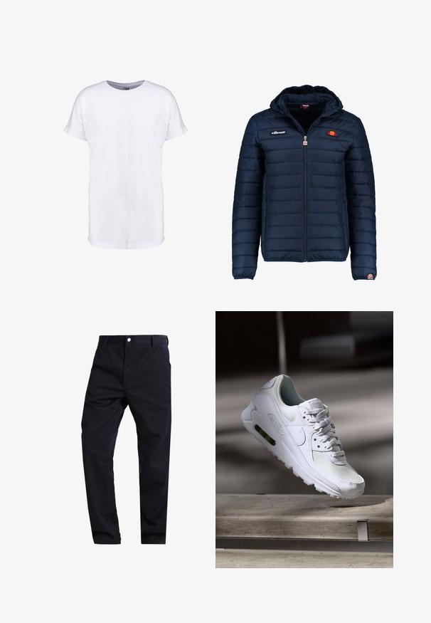 Chaqueta acolchada azul marino con capucha, cierre de cremallera, costuras en canales y acentos de logo en el pecho y la manga. Tejido suave y texturizado.; Camiseta de algodón blanca con mangas cortas, cuello redondo y un corte relajado. Textura suave y sin patrones ni diseños visibles.; Pantalones de un azul marino oscuro, confeccionados en una mezcla de algodón, con un diseño de pierna recta, cierre con cremallera y un único bolsillo frontal con botón de metal.; Zapatilla Nike Air Max 90 blanca con parte superior de malla y cuero, caja de puntera perforada y unidad de aire visible en el talón.