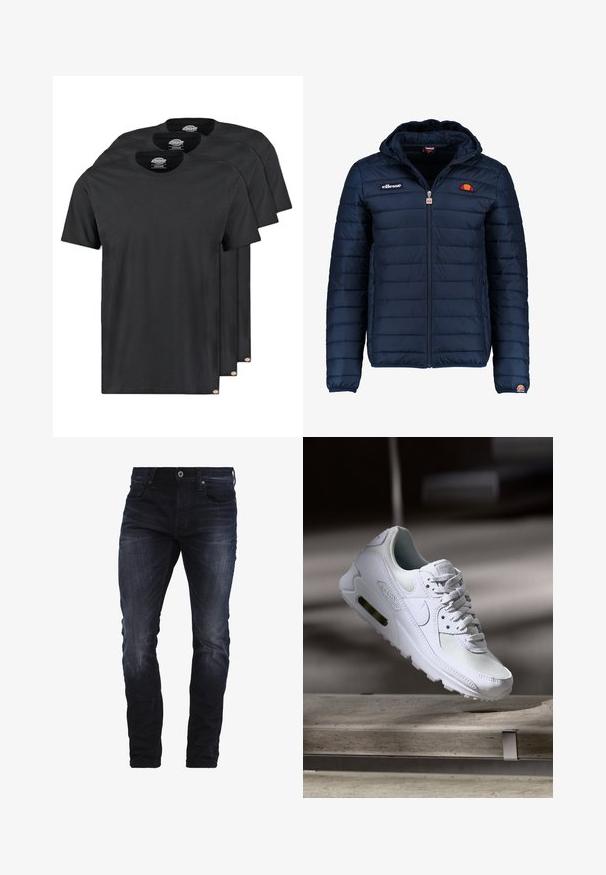 Veste matelassée bleu marine avec capuche, fermeture zippée, coutures en canaux et accents de logo sur la poitrine et la manche. Tissu doux et texturé.; T-shirts en coton noir vendus par pack de trois. Col rond, manches courtes et texture douce. Étiquette avec logo sur l'ourlet.; Jeans slim-fit bleu foncé avec un léger délavage sur les cuisses et les genoux, dotés de poches avant, de passants de ceinture et d'une fermeture à bouton.; Sneaker Nike Air Max 90 blanche avec une tige en mesh et cuir, une boîte à orteils perforée et une unité air visible au talon.