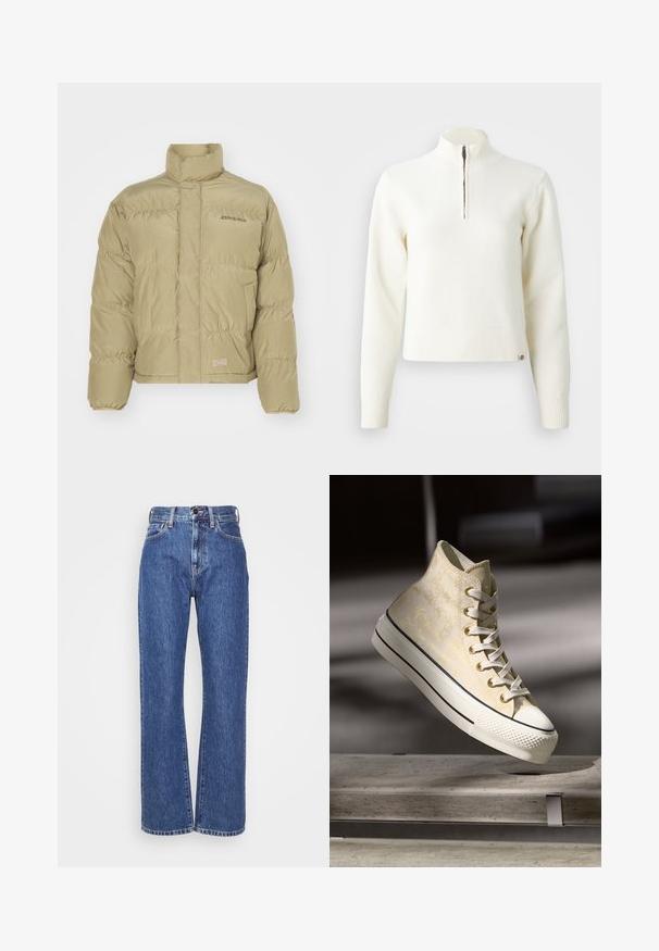 Khaki Steppjacke mit hohem Kragen, elastischen Bündchen und horizontalem Steppmuster. Verfügt über das "Dickies"-Logo auf der Vorderseite.; Weißer Sweater mit Reißverschluss am Hals und langen Ärmeln. Aus weichem Strickmaterial gefertigt, mit gerippten Bündchen und Saum. Dezentes Markenlogo am Saum.; Blaue Denim-Jeans mit weitem Bein, hoher Taille, Kontrastnähten und klassischem Fünf-Taschen-Design. Strukturierter Stoff mit glatter Oberfläche.; High-Top-Sneaker mit einem strukturierten hellgelben Obermaterial, weißen Gummispitzen und kontrastierenden schwarzen Streifen auf der weißen Sohle. Mit Schnürdesign.