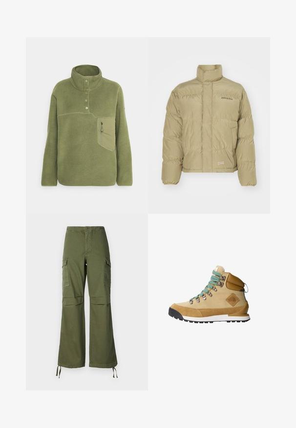 Chaqueta acolchada caqui con cuello alto, puños elásticos y patrón de acolchado horizontal. Presenta el logo de "Dickies" en la parte frontal.; Sudadera de forro polar verde oliva con un cuello alto, tres botones y un bolsillo en el pecho con cremallera. Textura suave con detalles de costura en contraste.; Pantalones cargo verde oliva de algodón, con un diseño de pierna ancha, dos bolsillos laterales y lazos ajustables en el dobladillo.; Botas de senderismo en color beige con una parte superior de ante y lona, con cordones turquesa, cuello acolchado y suela de goma negra que presenta un patrón de agarre texturizado.