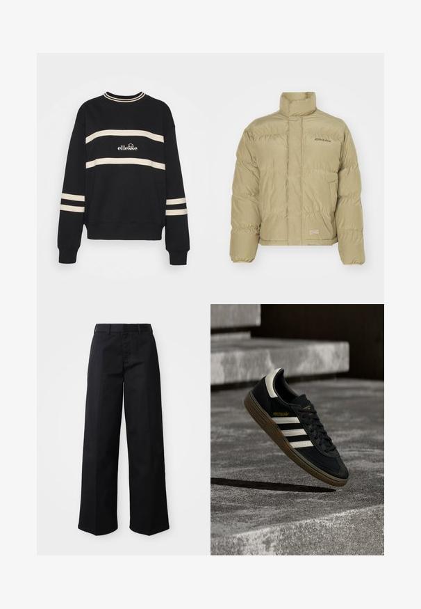 Khaki pufferjakke med høj krave, elastiske manchetter og horisontalt quiltet mønster. Har "Dickies" logoet på forsiden.; Sort sweatshirt med to horisontale cremede striber, ribbet halsudskæring og logo i midten. Ermelængderne har lignende stribedetaljer.; Sorte brede bukser lavet af blødt bomuldsstof. Har en klassisk talje, sidelommer og en lige skæring til kanten.; Sort Adidas-sneaker med hvide striber og gummisåler, svævende over grå betontrapper i naturligt lys.