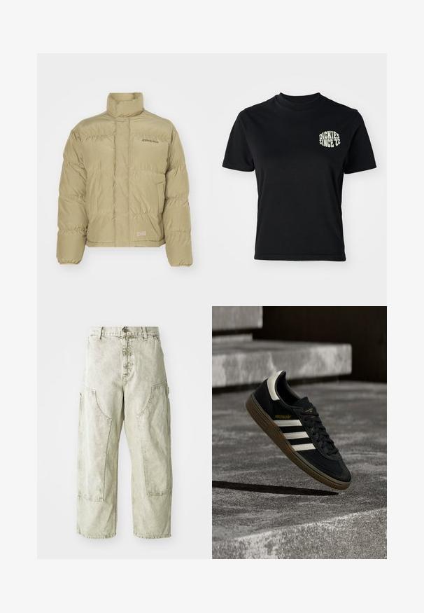 Khaki prešívaná bunda s vysokým golierom, elastickými manžetami a horizontálnym prešívaním. Na prednej strane sa nachádza logo "Dickies".; Čierne bavlnené tričko s okrúhlym výstrihom a krátkymi rukávmi; na ľavej strane hrude sa nachádza svetlozelená grafika "DICKIES SINCE '22".; Svetlozelené široké cargo nohavice vyrobené z denimu, s veľkými bočnými vreckami, zapínaním na gombík a zips, a viditeľnými švovými detailami.; Čierna teniska značky Adidas s bielymi pruhmi a gumovou podrážkou vznášajúca sa nad sivými betónovými schodmi za prirodzeného svetla.