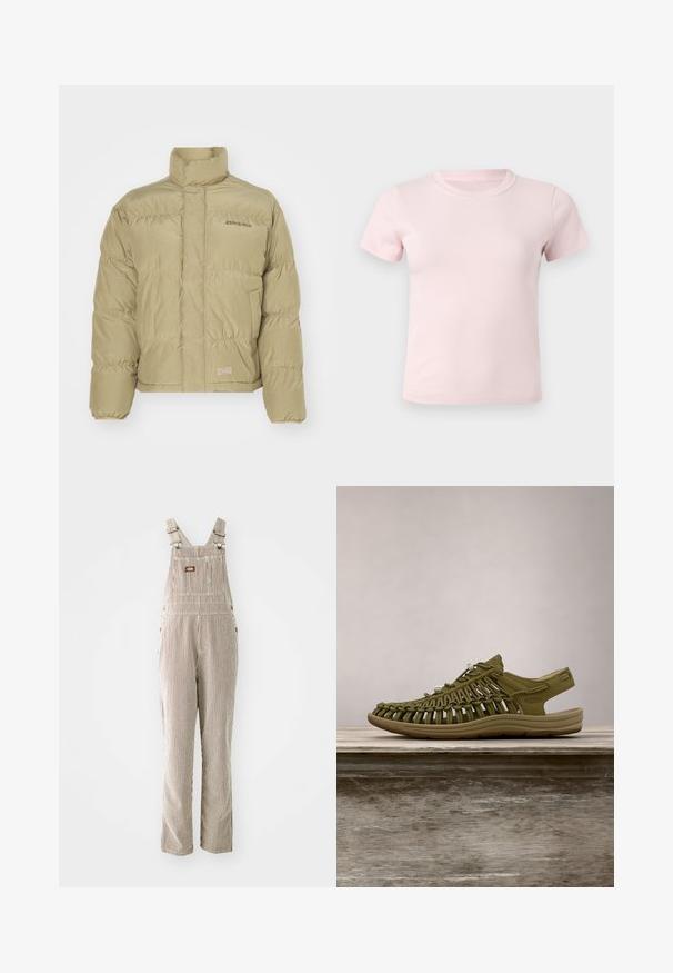 Khaki puffer-jakk, millel on kõrge krae, elastsed mansetid ja horisontaalne tikandimuster. Ees on "Dickies" logo.; Hele roosa lühikeste varrukatega ümara kaelusega t-särk, lihtsa disainiga, sirgelt valgel taustal asetatud.; Ribaroosid, mis on valmistatud kangast beeži ja pruuniga, millel on reguleeritavad sangad, esikott ja külgsuletavad nupud.; Kergedane avatud varvastega sandaalid oliivrohelises värvuses, valmistatud kootud nöörist ning reguleeritava nööri sulgemisega, pehme beeži alusega, mis on mõeldud välitingimustes kasutamiseks.