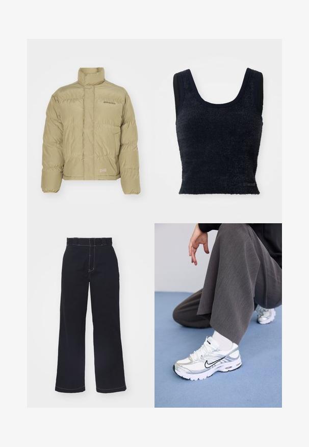 Doudoune khaki avec un col montant, des poignets élastiques et un motif matelassé horizontal. Présente le logo "Dickies" sur le devant.; Top court bleu marine fabriqué en tissu texturé avec de larges bretelles, comportant une étiquette noire en bas.; Pantalons larges bleu foncé en coton avec taille haute, présentant des coutures blanches contrastantes et un design épuré et simple.; Baskets de sport blanches et argentées avec des matériaux en maille et synthétiques, dotées de lignes d'accent noir, de lacets et de semelles texturées.