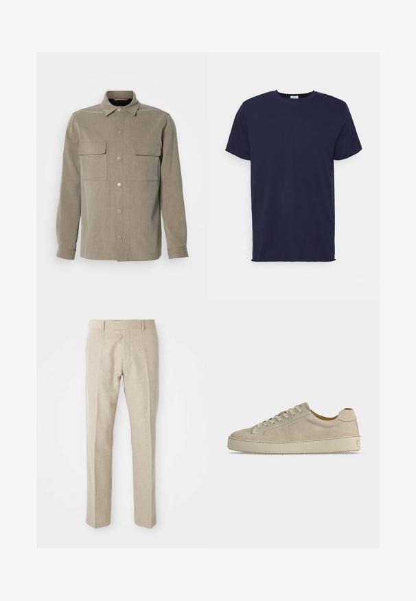 Chaqueta beige de botones con cuello, dos bolsillos en el pecho y botones a presión metálicos, hecha de un tejido texturizado.; Camiseta de manga corta azul marino hecha de tela suave. Presenta un cuello redondo y un corte recto sin patrones ni acentos.; Pantalones beige ajustados hechos de una tela texturizada, con un frente plano, piernas rectas y una cintura tradicional con pasadores para cinturón.; Zapatilla beige de ante de tacón bajo con cierre de cordones y suela gruesa de goma, mostrada de lado sobre un fondo blanco liso.