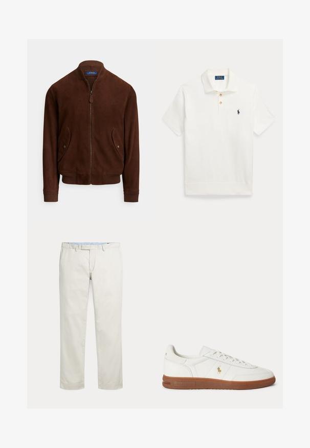 Braune Bomberjacke aus Wildleder mit Reißverschluss vorne, gerippten Bündchen und seitlichen Taschen. Verfügt über ein tonales Logo auf der Brust und ein elegantes, minimalistisches Design.; Weißes Polo Ralph Lauren Polohemd mit kurzen Ärmeln, zwei Knöpfen und einem marineblauen, bestickten Pferdelogo auf der linken Brust.; Cremefarbene gerade geschnittene Hosen mit Gürtelschlaufen und verdecktem vorne liegenden Verschluss auf einfarbigem Hintergrund.; Weißer Sneaker mit niedrigem Schnitt, brauner Sohle, Schnürung vorne und kleinem goldfarbenem Polo Ralph Lauren Logo an der Seite.