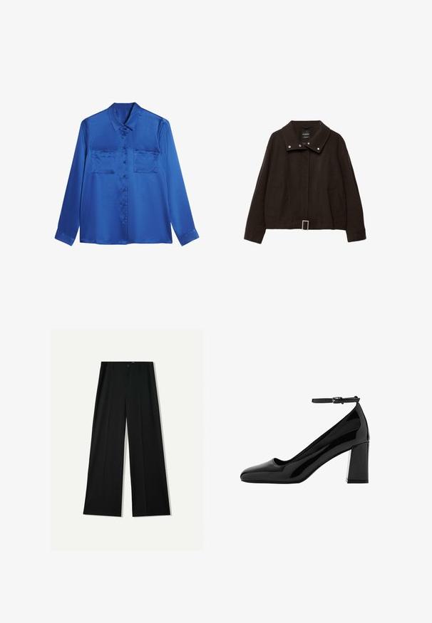 Braune, kurze Jacke aus Wollmischung. Verfügt über einen hohen Kragen, Druckknöpfe, zwei Seitentaschen und einen Schnallenakzent an der Taille.; Satinblaue Bluse mit kragenförmigem Halsausschnitt, langen Ärmeln, zwei Brusttaschen und Knopfverschluss vorne. Glatte, glänzende Textur.; Bershka WIDE - Stoffhose - black; Schwarzer Lackleder-Pumps mit quadratischer Spitze, Knöchelriemen und breitem Blockabsatz, mit glänzendem Finish und glatter Textur.