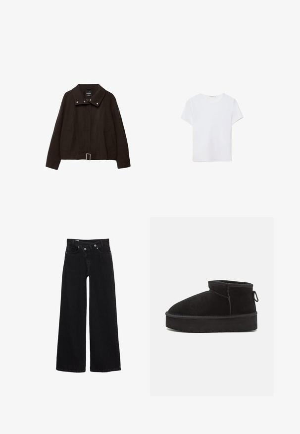 Bruine cropped jas gemaakt van een wolmix. Heeft een hoge kraag, drukknopen, twee zijzakken en een gespdetail aan de taille.; Witte T-shirt met korte mouwen, gemaakt van zachte stof. Heeft een ronde halslijn en een eenvoudig, strak ontwerp met een rechte zoom.; Zwarte hoge taille wijde jeans met voorzakken, riemlussen en een dubbele knoopsluiting.; Zwarte suède enkellaars met een ronde neus, voorzien van een verhoogde zool en een zijlus voor gemakkelijk aantrekken. Het ontwerp is eenvoudig met minimale accenten.