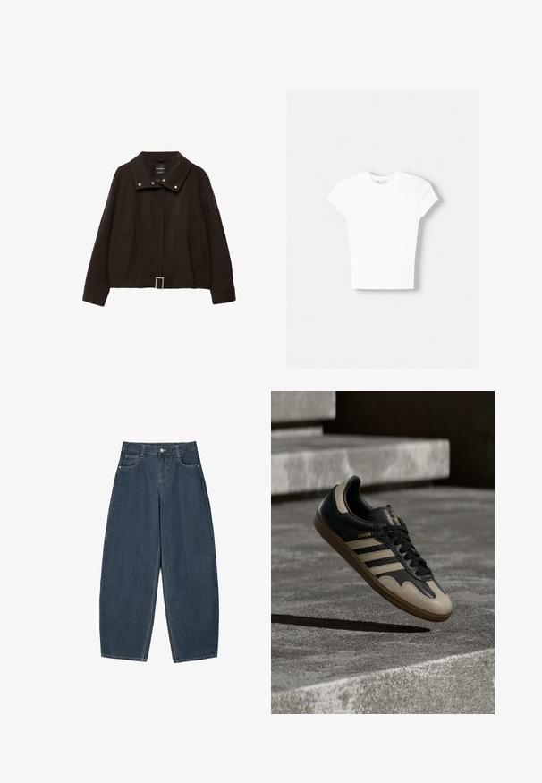 Braune, kurze Jacke aus Wollmischung. Verfügt über einen hohen Kragen, Druckknöpfe, zwei Seitentaschen und einen Schnallenakzent an der Taille.; Weißes kurzärmliges T-Shirt aus weicher Baumwolle, mit Rundhalsausschnitt und figurbetonter Form. Keine sichtbaren Muster oder Verzierungen.; Dunkelblaue Denim-Hosenträger mit weitem Bein und hoher Taille, ausgestattet mit fünf Taschen und sichtbaren Nähdetails. Sauberes, minimalistisches Design.; Schwarzer und beiger Ledersneaker mit drei weißen Streifen, tannengrüner Gummisohle und goldener "Samba"-Detailierung an der Seite.