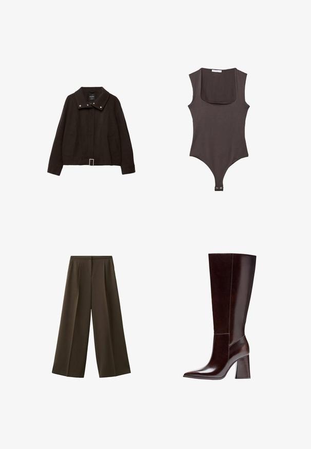 Veste courte marron en mélange de laine. Caractérisée par un col montant, des boutons-pression, deux poches latérales et un détail boucle à la taille.; Bodysuit sans manches marron avec un col carré, fabriqué en tissu doux. Comprend une fermeture à pression en bas et une silhouette ajustée.; Pantalon à jambes larges en tissu marron foncé, avec plis à l'avant et texture lisse. Pas de poches visibles ni d'ornements.; Botte en cuir marron jusqu'au genou avec un bout pointu et un talon en bloc texturé. Présente des lignes épurées et des détails de couture minimalistes.