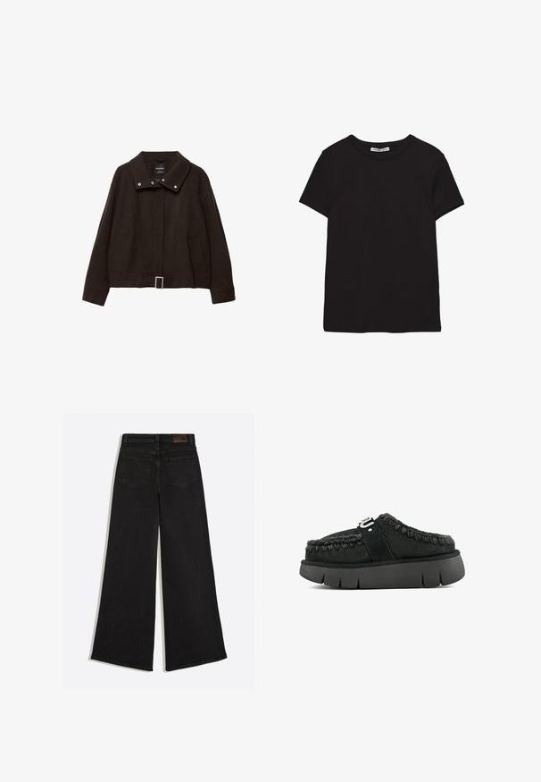 Veste courte marron en mélange de laine. Caractérisée par un col montant, des boutons-pression, deux poches latérales et un détail boucle à la taille.; T-shirt noir en coton à manches courtes avec encolure ronde, coupe standard et étiquette intérieure visible au niveau du col.; Jean en denim noir à jambes larges vu de dos avec deux poches arrière et des passants de ceinture à la taille.; Chaussure noire en daim à enfiler avec garniture en fourrure, coutures tressées et semelle épaisse noire. Présente une bande de marque sur le dessus.