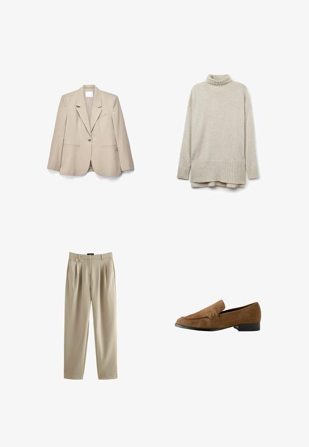 Blazer beige à un bouton avec col cranté, manches longues et poches avant, étalé à plat sur un fond blanc.; Pull en tricot beige avec un col roulé côtelé, des manches longues et un ourlet avec des côtes diagonales. Texture douce et coupe décontractée.; Pantalons plissés beiges à coupe décontractée, dotés d'une fermeture à bouton et de passants de ceinture, fabriqués dans un tissu lisse avec une texture douce.; Mocassins en suedine marron avec un léger talon, une texture lisse, des détails de couture à l'avant et une forme de bout arrondi.