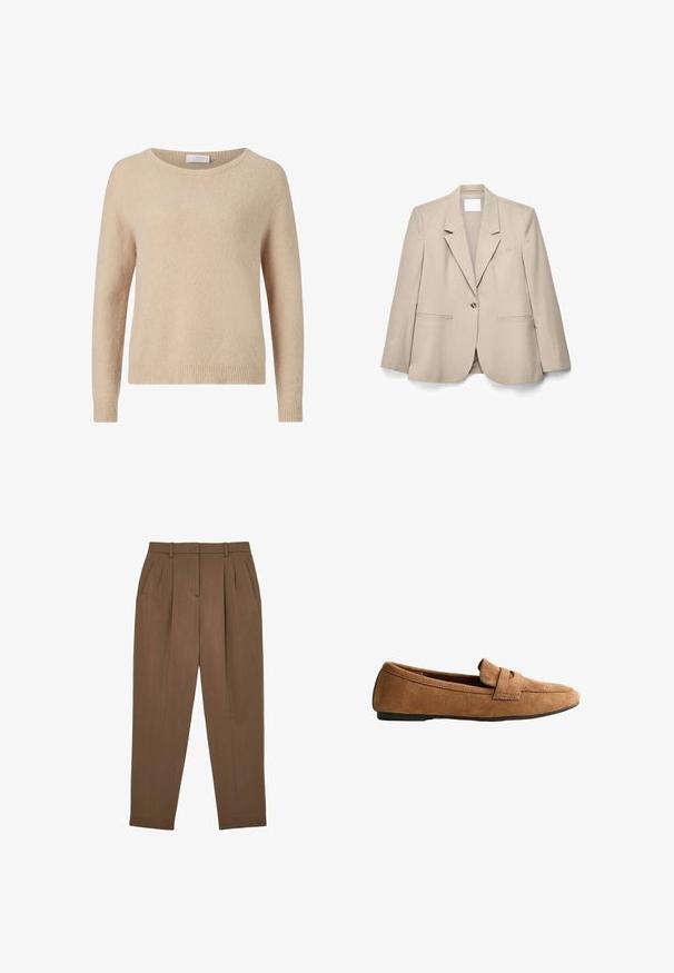 Blazer beige à un bouton avec col cranté, manches longues et poches avant, étalé à plat sur un fond blanc.; Pull en tricot beige avec un col rond, des manches longues et un ourlet côtelé. Texture douce et coupe décontractée. Étiquette visible au niveau du col.; Pantalon marron taille haute, ajusté, avec des plis, des poches latérales, des passants pour ceinture et une coupe fuselée.; Mocassin plat en daim marron avec une bride sur le dessus et une semelle noire, présenté de profil sur un fond blanc.
