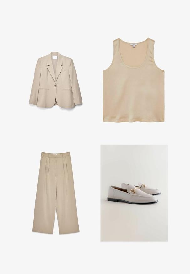 Beige blazer med enkelt knap, hakkraver, lange ærmer og forlommer lagt fladt på en hvid baggrund.; Reiss REGULAR FIT - Bluse - neutral; Beige viddebukser med frontfolder, sidelommer, bælteløkker og en skjult lukning foran.; Lys grå læder loafers med et strømlinet design, der har guldfarvet detaljer og en sort sål. Glat tekstur og spids tåform.