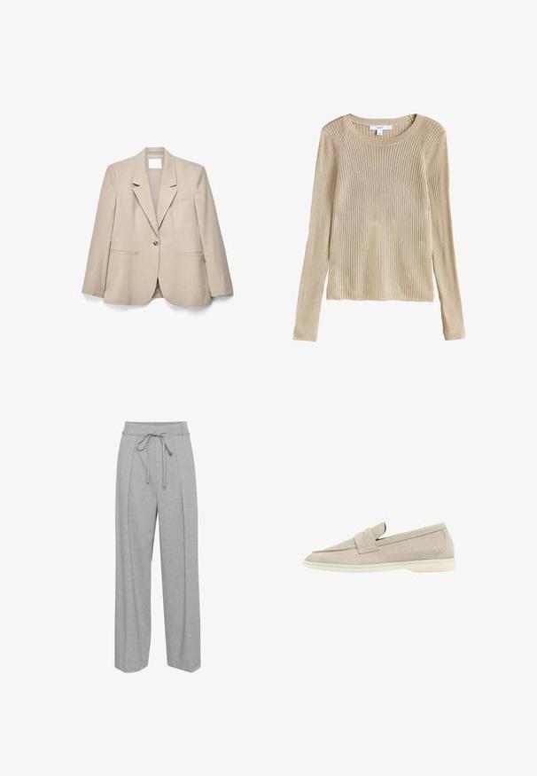 Beiger Blazer mit einem Knopf, mit Reverskragen, langen Ärmeln und Vorder Taschen, flach auf weißem Hintergrund gelegt.; Beigefarbener, gerippter Langarm-Strickpullover mit rundem Ausschnitt und schmaler Passform, flach liegend mit sichtbarem Etikett am Kragen.; Graue Leinen-Hose mit weitem Bein und hohem Bund, ausgestattet mit einem Kordelzug, Falten an der Vorderseite und einer weichen, strukturierten Oberfläche.; Hellbeige Wildleder-Loafer mit einer niedrigen weißen Sohle, abgerundeter Spitze und einem genähten Riemen über dem Obermaterial.