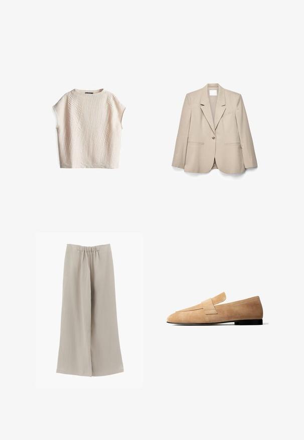 Beige singe-knopsblazer met notch-revers, lange mouwen en steekzakken, plat liggend op een witte achtergrond.; Kortärmelig top in crèmekleur met een gestructureerd golfpatroon; losse pasvorm en ronde hals; gemaakt van lichtgewicht stof.; Beige wijde broek met een elastische tailleband, gemaakt van een licht en zacht stof.; Lichtbruine suède loafer met een lage zwarte hak en een brede band over de bovenkant, weergegeven in zijaanzicht tegen een witte achtergrond.