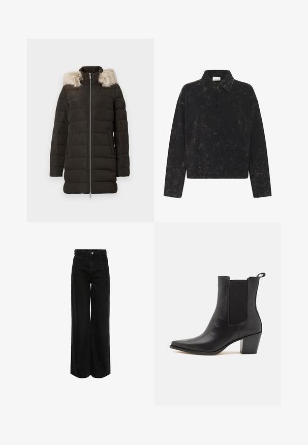 Abrigo de invierno negro acolchado de longitud media con cremallera frontal y borde de piel sintética beige en la capucha.; Polo negro de manga larga con textura desgastada, cuello clásico, tapeta de cinco botones y un sutil logo en el pecho.; Jeans de mezclilla negra de pierna ancha con cinturilla alta, diseño de cinco bolsillos y herrajes plateados. La tela tiene un acabado suave y ligeramente texturizado.; Dolce Vita SHADIE - Botines - black