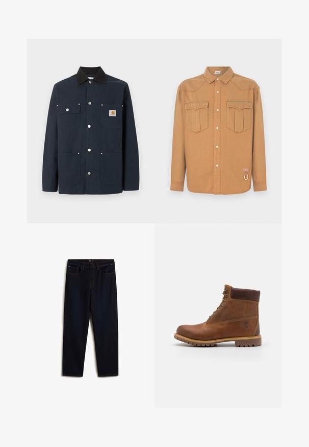 Mørkeblå arbejdstrøje med sort krave, fire forlommer, metaltrykknapper og lille Carhartt-logo på den øverste højre lomme.; Brun denimskjorte med to brystlommer, spids krave, knaplukning foran og kontrastsyning. Indeholder en logo-patch og en løkke detalje.; Vans Jeans Relaxed Fit - dark blue; Brun læder vandrestøvle med en glat finish, polstret ankel, metalliske snørehuller og en gummisål med et robust dækmønster.