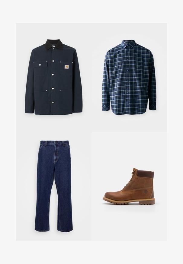 Donkerblauwe werkjas met zwarte kraag, vier voorzakken, metalen drukknopen en klein Carhartt-logo op de bovenste rechterzak.; Blauwe en zwarte geruite shirt van katoen, met een knoopsluiting aan de voorkant, lange mouwen en een enkele borstzak. Gestructureerde stof.; Donkerblauwe denim jeans met een recht-uitlopende pasvorm, voorzien van een knoopsluiting, vijf zakken en subtiele stikseldetails.; Bruine leren wandelschoen met een gladde afwerking, gevoerde enkel, metalen oogjes en een rubberen zool met een robuust profiel.
