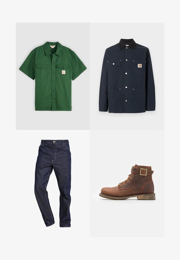 Donkerblauwe werkjas met zwarte kraag, vier voorzakken, metalen drukknopen en klein Carhartt-logo op de bovenste rechterzak.; Korte mouwen groene katoenen shirt met knoopsluiting, twee borstzakken en een klein label op de linkse zak. Effen, geen patronen.; Donkerblauwe denim jeans met een rechte pijp, voorzien van witte stiksels, een knoopsluiting en ceintuurlussen.; Harley Davidson VNTGMOTO SHORT RIDING APPROVED - Cowboy-/Bikerlaarsjes - brown
