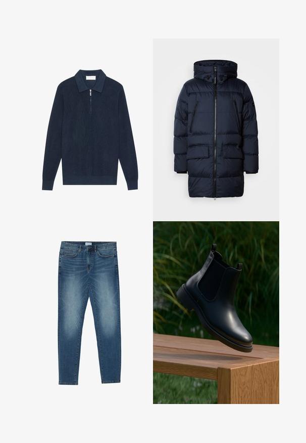 Marineblå pufferjakke med lynlås, justerbar hætte, to lynlåsede brystlommer og to frontlommer med flap. Glat tekstur og quiltet design.; Mørk marineblå strikket langærmet polo shirt med ribbet tekstur og en kort sølv lynlås ved kraven.; Denimjeans i midtblå med en falmet vask, fem-lomme design, lige ben pasform og broderede detaljer. Knap- og lynlåslukning.; Sort læder ankelstøvle med elastiske sidepaneler, der svæver over en træbænk, med grønne planter i baggrunden.