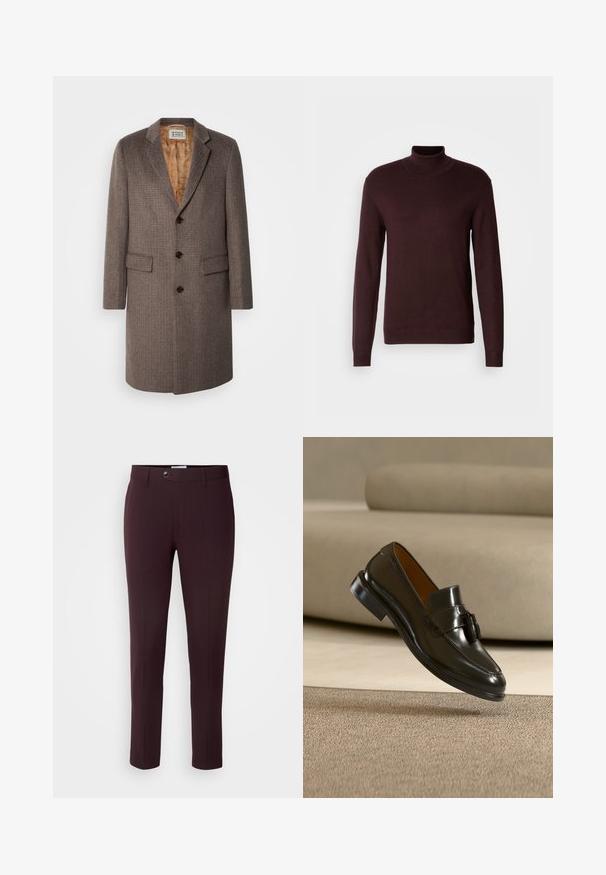 Brun ternet frakke med tre knapper, slagkrave og to forlommer. Foret med et mønstret lysebrunt stof.; Bordeaux turtleneck sweater i blødt strikket stof, med lange ærmer, tætsiddende pasform og ribbet manchetter og kant. Glat tekstur, minimalistisk design.; Mørkeburgunder bukser med slim fit, der har knaplukning, bæltestropper og frontfolder. Glat stof med et glat design.; Sort læder tasselloafer flydende over beige tæppe med en beige sofa i baggrunden.