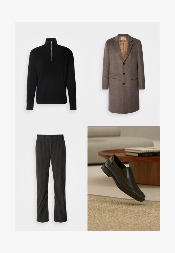 Bruine geruite overjas met drie knopen, notch revers en twee voorkruiden. Gevoerd met een patroon van lichtbruin stof.; Lindbergh HALF ZIP RIB KNIT - Trui - black; Zwarte broek met streepjes en een rechte snit. Beschikt over een gladde textuur, een sluiting met knoop aan de voorkant en riemlussen.; Zwarte leren instapschoen voor nette gelegenheden zwevend boven een beige geweven vloerkleed, met een ronde houten salontafel en gestapelde boeken op de achtergrond.