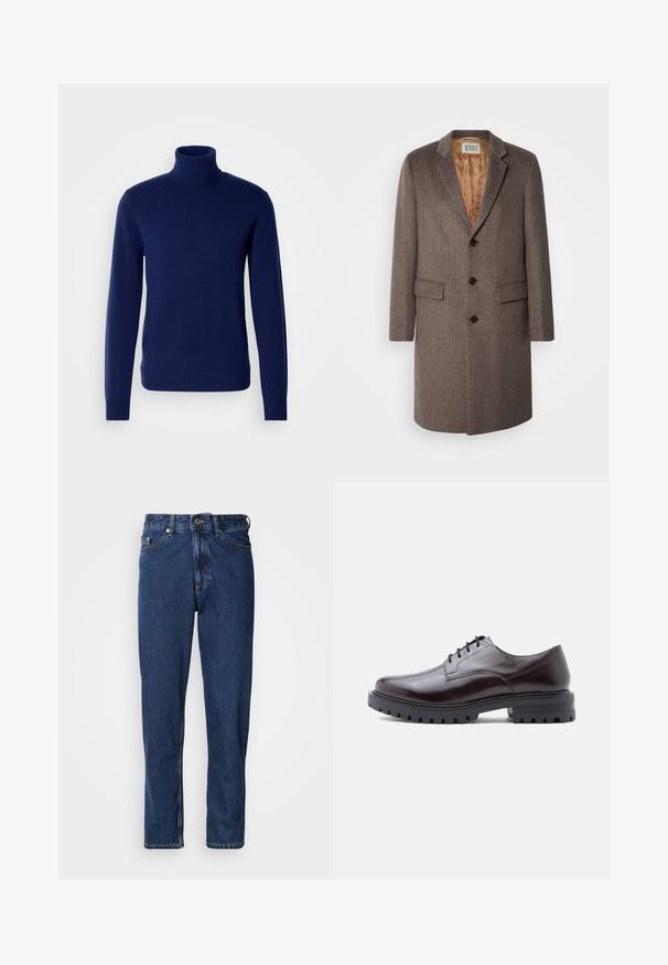 Brun ternet frakke med tre knapper, slagkrave og to forlommer. Foret med et mønstret lysebrunt stof.; Mørkeblå turtleneck sweater lavet af blødt strikket materiale. Har en ribbet krave, manchetter og kant. Enkel, tætsiddende design uden synlige mønstre.; Mørkeblå jeans lavet af denim, med lige ben, fem-lommer stil og synlige syninger langs sømmene.; Skinnende mørk burgunder lædersko med rund tå, snørebåndsdesign og robust sort sål med fremtrædende mønstre for trækkraft.