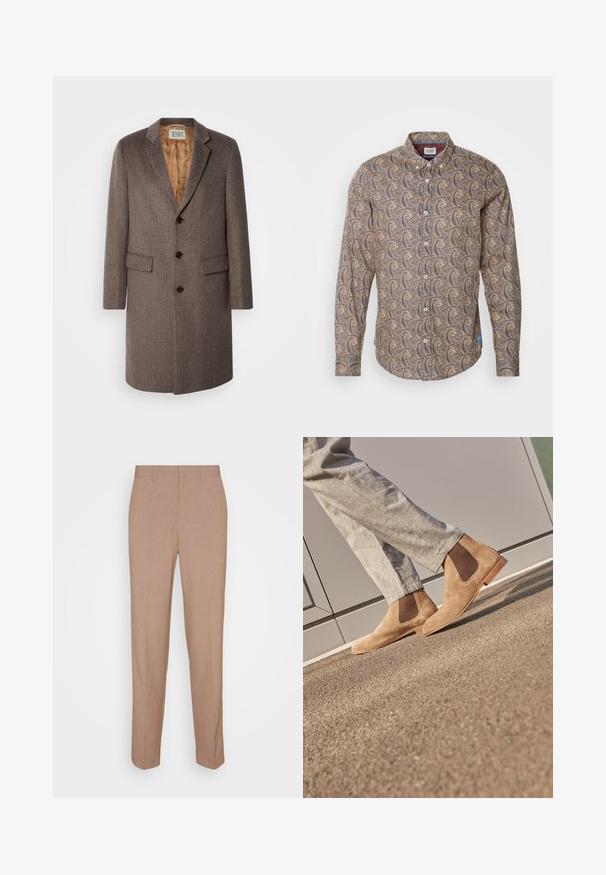 Manteau à carreaux marron avec trois boutons, revers crantés et deux poches avant. Doublé d'un tissu léger à motifs marron clair.; Chemise à manches longues en tissu marron avec un motif tourbillonnant en crème et marine. Col boutonné, patte de boutonnage à l'avant et manches à poignets.; Pantalon beige sur mesure en tissu lisse et texturé. Coupe droite avec une taille à la taille et sans ornements visibles ni poches.; Bottines Chelsea en daim marron avec des panneaux latéraux en élastiquem et une semelle en caoutchouc lisse couleur tan, associées à un pantalon gris clair sur une surface texturée.
