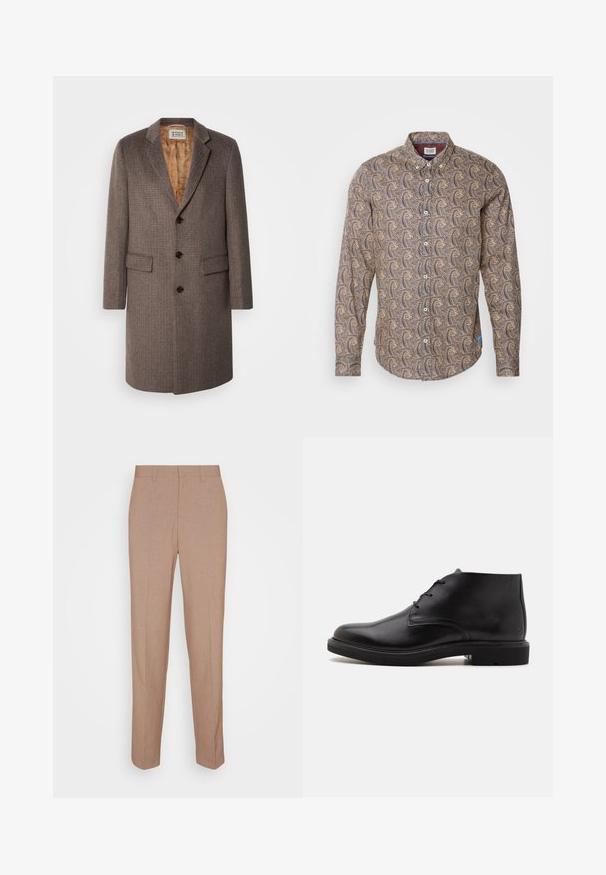 Braun karierter Übermantel mit drei Knöpfen, Reverskragen und zwei vorderen Taschen. Gefüttert mit einem gemusterten hellbraunen Stoff.; Langarmhemd aus braunem Stoff mit einem wirbelnden Muster in Creme und Marine. Button-Down-Kragen mit Knopfleiste und geknöpften Ärmeln.; Beige, maßgeschneiderte Hose aus glattem, strukturiertem Stoff. Gerade Passform mit Bund, ohne sichtbare Verzierungen oder Taschen.; Schwarzer Lederknöchelstiefel mit drei Ösen, abgerundeter Spitze und flacher Sohle auf einfachem hellem Hintergrund.