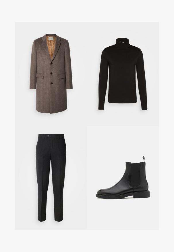Brun ternet frakke med tre knapper, slagkrave og to forlommer. Foret med et mønstret lysebrunt stof.; Sort turtleneck langærmet skjorte lavet af et glat stof med en tætsiddende design og en høj, tætsiddende krave. Ingen mønstre eller accenter synlige.; Lindbergh Bukser - black melange; Sort læder ankelstøvle med glat overflade, elastiske sidepaneler og en trækstrop. Rund tå og flad gummisål med minimal mønster.