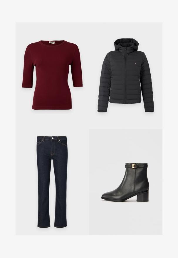 Veste matelassée noire avec fermeture éclair et capuche, présentant un design matelassé et un discret logo sur la poitrine. Texture lisse.; T-shirt bordeaux côtelé à manches courtes, col rond et coupe ajustée. Texture lisse avec des détails de coutures discrètes aux coutures.; Jean en denim bleu foncé avec une coupe droite, présentant des coutures oranges, des poches avant et un système de fermeture à bouton métallique à la taille.; Bottines en cuir noir avec une texture lisse, bout arrondi et un accent en boucle dorée sur la sangle de la cheville. Design à talon carré.