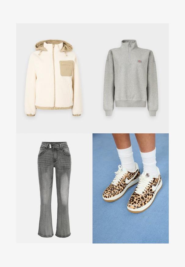 Fløjlsjakke i cremefarve med en beige quiltet hætte og lomme. Har elastiske manchetter og kant, gyldent lynlås og justerbare snore.; Lysegrå sweatshirt med kvart-lynlås, ribkant ved ærmer og kant, med en lille flerfarvet logopatch på venstre bryst.; Grå denimjeans med høj talje, dobbelt knaplukning, forlommer og let udvidede ben.; Leopardprint Nike Air Force 1 sneakers med hvide snørebånd og swoosh, med en tan gummisål og tekstureret overdel. Hvide crew-sokker synlige.