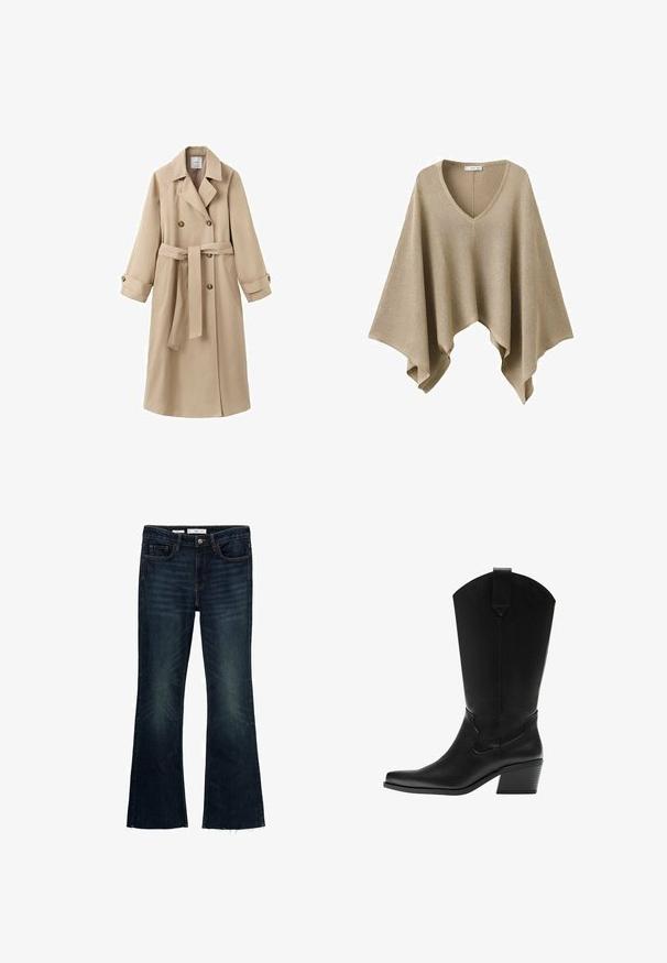 Beiger langer Trenchcoat mit weitem Revers, zweireihigen Knöpfen, Taillengürtel, Manschettenriemen und Vordertaschen.; Beiger gestrickter Poncho mit V-Ausschnitt und breiten, drapierten Seiten, die einen asymmetrischen Saum bilden.; Ausgestellte dunkelblaue Denim-Jeans mit verblassten Akzenten, fünf Taschen und einem rohen Saum. Aus Baumwolle mit einem Knopfverschluss und Gürtelschlaufen gefertigt.; Schwarzer Westernstiefel aus Leder bis zur Mitte der Wade mit spitzer Kappe und gestapeltem Blockabsatz, mit Zuglasche und dezenter dekorativer Naht.