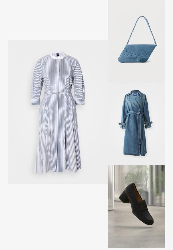 Denim-Trenchcoat in Mittlerem Blau mit doppelt geknöpftem Design, Gürtel in der Taille und verstellbaren Schnallenakzenten an den Ärmeln.; Gestreiftes Kleid in Weiß und Blau mit Rundhalsausschnitt, dreiviertelärmeln, taillierten Gürtel und plissiertem Rock.; Schwarzer Lederschuh mit hohem Absatz und abgerundetem Zehenbereich, mit einem vorderen Riemen und minimaler Nahtdetailierung. Glatte Textur, erhöhter Absatz.; Blaue Denim-Schultertasche mit schräger Klappe und geprägtem "hugo"-Logo, mit passendem Denim-Riemen.