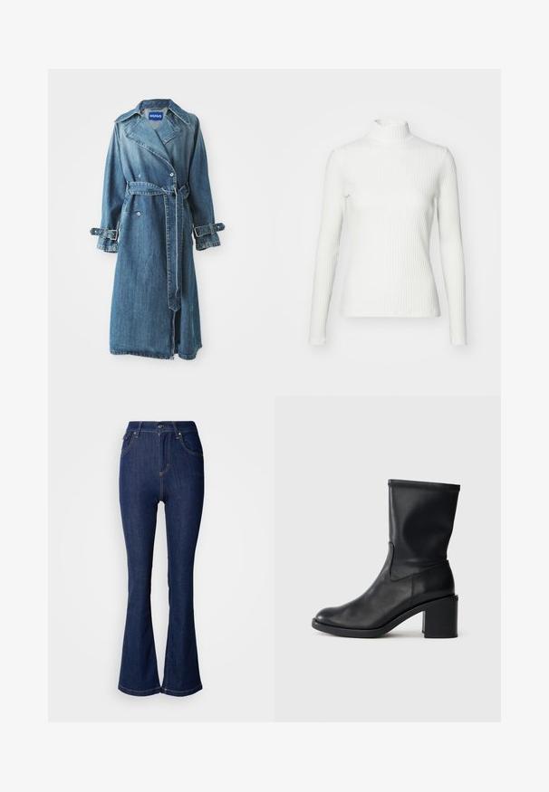 Denim trenchcoat in medium blauw, met een double-breasted ontwerp, een riem in de taille en verstelbare gesps details op de manchetten.; Witte geribbelde coltrui met lange mouwen, gemaakt van rekbare stof. Heeft een getailleerd ontwerp en een hoge halslijn voor bedekking.; Donkerblauwe uitlopende jeans van denim met een hoge taille, voorzien van voorzakken, contrasterende stiksels en een knoopsluiting.; Zwarte leren enkellaars met een ronde neus, een gladde textuur en een chunky hak, met een strak schacht en subtiele stiksels.