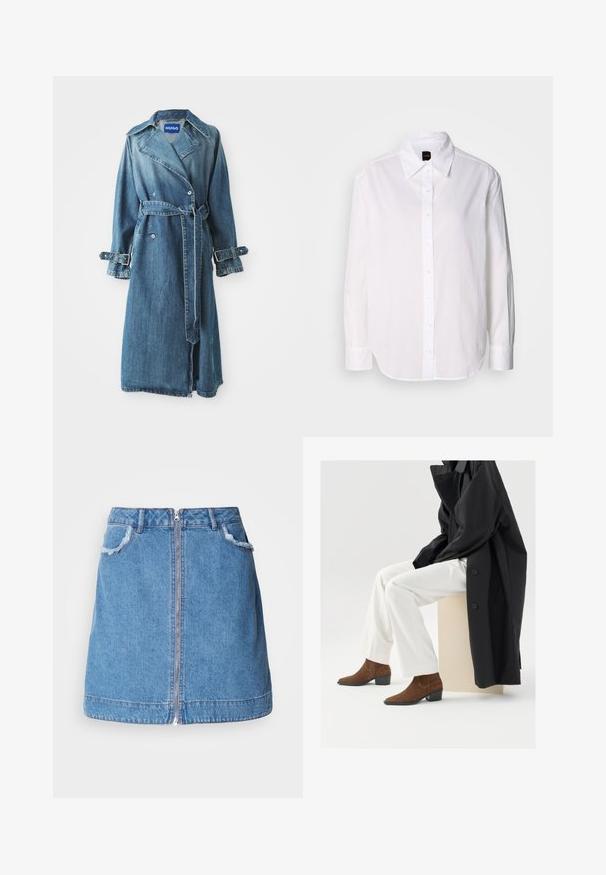 Denim trenchcoat i medium blå, med en dobbeltbreasted design, bælte ved taljen og justerbare spænde detaljer på ærmerne.; Hvid langærmet skjorte med knaplukning lavet af let materiale. Har en klassisk krave, knaplukning foran og manchetter.; Lyseblå denim nederdel med en frontlynlås, flosset kant på lommerne og lige snit design. Kantlinjen er let buet.; Brune ruskind ankelstøvler med spids tå og lav blokhælt, kombineret med hvide bukser og en sort frakke, siddende på en beige pedestal.
