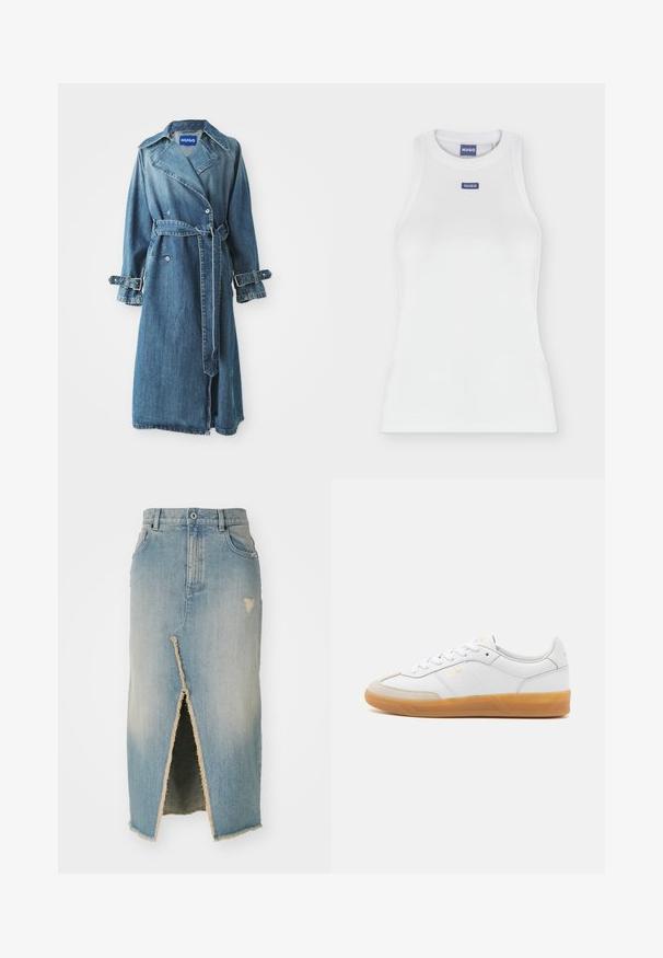 Denim trenchcoat i medium blå, med en dobbeltbreasted design, bælte ved taljen og justerbare spænde detaljer på ærmerne.; Hvid afslappet ærmeløs tanktop med rund hals og lille blå HUGO-logoetiket på brystet og inden i kraven.; Denim nederdel, lyseblå, midtlængde med frayed kant. Har en frontslids og slidte detaljer nær taljen og kanten.; Hvide lædersneakers med beige ruskindsdetaljer, gummisål og snøredesign. Har diskret branding i guld.