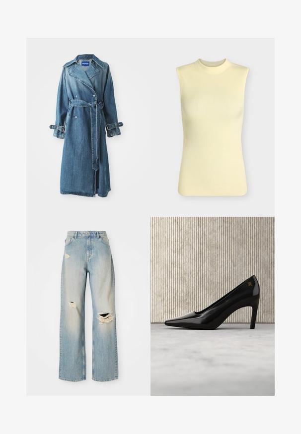 Denim trenchcoat i medium blå, med en dobbeltbreasted design, bælte ved taljen og justerbare spænde detaljer på ærmerne.; Ærmeløs ribstrikket top i lysegul med høj rund halsudskæring, tætsiddende silhuet og blødt struktureret stof.; Lysblå lige-benede jeans med høj talje, bæltestropper og slidte huller på venstre lår, højre knæ og nederste venstre ben.; Sort højhælet sko med spids snude og gulddetalje med logo, placeret opret på en reflekterende overflade ved siden af en metal arkivorganisator.