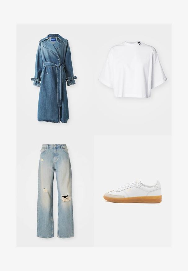 Denim trenchcoat in medium blauw, met een double-breasted ontwerp, een riem in de taille en verstelbare gesps details op de manchetten.; Witte cropped t-shirt van katoen, met brede korte mouwen en een hoge halslijn. Het label "HUGO" is in zwart op de kraag gedrukt.; Lichtblauwe rechte spijkerbroek met hoge taille, riemlussen en versleten scheuren op de linker bovenbeen, rechterknie en onder linkerpijp.; Witte leren sneaker met beige suède accenten, gumrubberen zool en vetersluiting. Heeft subtiele branding in goud.
