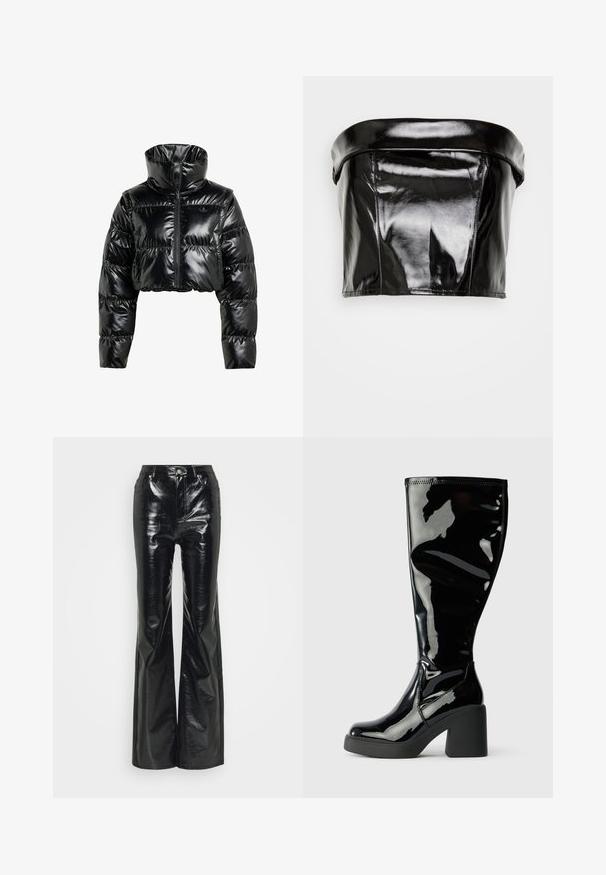 Sort, cropperet pufferjakke lavet af skinnende, glat materiale. Har en høj krave og en frontal lynlås, med ribbede manchetter og en polstret design.; Gina Tricot TUBE - Top - black; Sorte faux læder flare bukser med en blank finish, der har en høj talje, forlommer og sølvfarvede hardware-detaljer.; Klassiske knæhøje støvler i sort patentlæder med en glat, skinnende overflade, firkantede tåspidser og kraftige sorte hæle. Søm detaljer langs siden.
