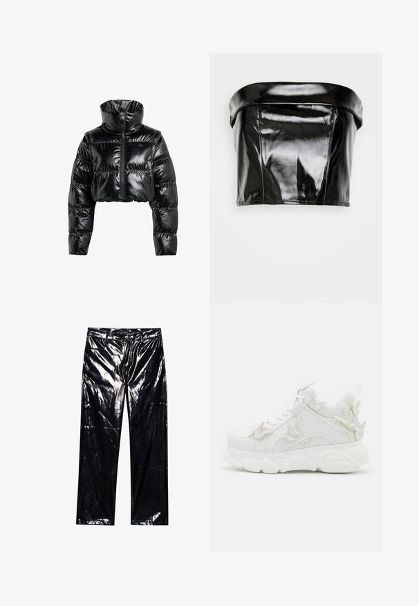 Sort, cropperet pufferjakke lavet af skinnende, glat materiale. Har en høj krave og en frontal lynlås, med ribbede manchetter og en polstret design.; Gina Tricot TUBE - Top - black; Sorte, højglans, faux læderbukser med brede ben, klassisk fem-lomme design, knap- og lynlåslukning samt blank overflade.; Hvid chunky sneaker med tyk sål og dekorative 3D sommerfugle detaljer på siden, snørebånd og hæl.