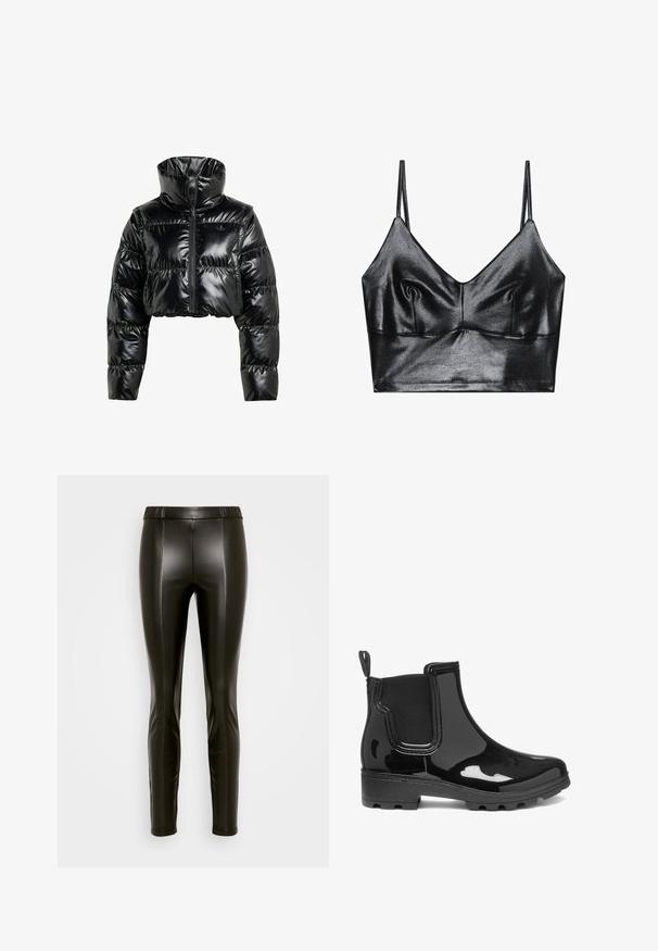 Sort, cropperet pufferjakke lavet af skinnende, glat materiale. Har en høj krave og en frontal lynlås, med ribbede manchetter og en polstret design.; Sorte, skinnende bralette med tynde justerbare stropper, der har en V-udskæring, glat tekstur og subtil samling ved brystet for form.; Sorte faux læder leggings med en høj elastisk talje, slim fit og subtile sømdetaljer, der løber ned langs fronten og bagsiden.; Sorte glansfulde ankelstøvler med elastiske sidepaneler, rund tå og en struktureret gummisål. Designet har en trækflap bagpå.