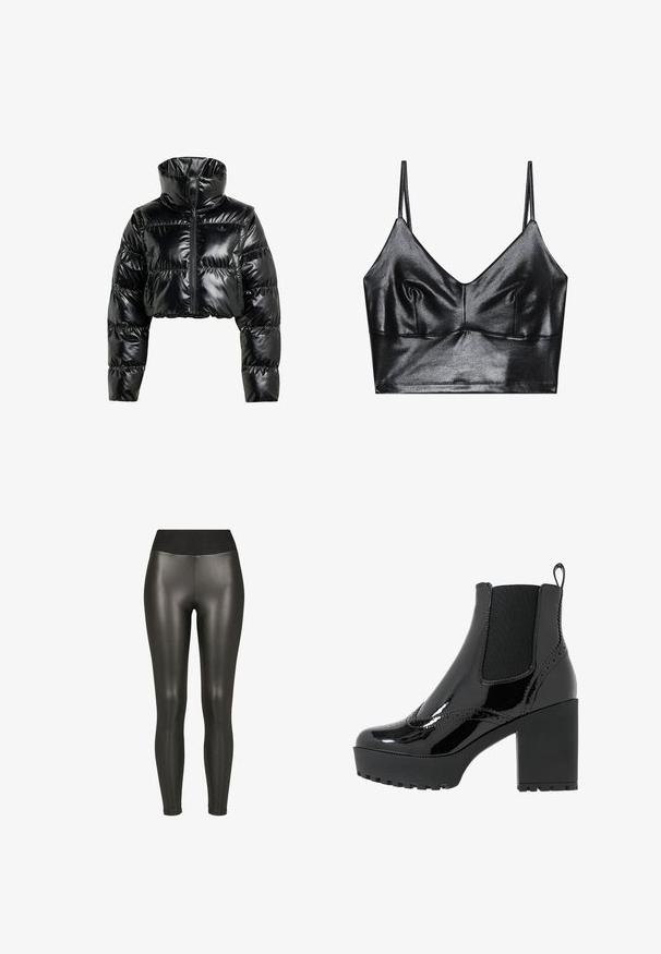 Sort, cropperet pufferjakke lavet af skinnende, glat materiale. Har en høj krave og en frontal lynlås, med ribbede manchetter og en polstret design.; Sorte, skinnende bralette med tynde justerbare stropper, der har en V-udskæring, glat tekstur og subtil samling ved brystet for form.; Sorte højtaljede leggings i kunstlæder med en glat, skinnende finish og ankellængde på en hvid baggrund.; Sorte patentlæder ankelstøvler med en chunky platform og høje hæle, der har elastiske sidepaneler og dekorative stikningsdetaljer.