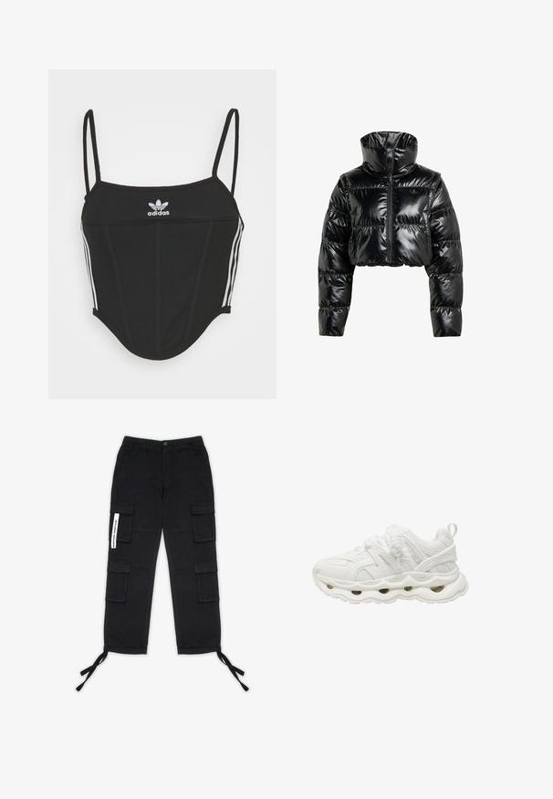 Sort, cropperet pufferjakke lavet af skinnende, glat materiale. Har en høj krave og en frontal lynlås, med ribbede manchetter og en polstret design.; Sort ribbet crop top med justerbare tynde stropper, der har tre hvide striber på siderne og et lille hvidt Adidas-logo i midten.; Pegador TANAMI WIDE PANTS - Cargobukser - black; Hvid atletisk sneaker med mesh og syntetisk overdel, tyk sål med ovale udskæringer og chunky snørebånd i rebstil, set fra siden.