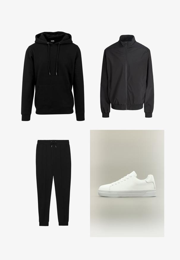 Schwarze, leichte Jacke mit Reißverschluss, Stehkragen, elastischen Bündchen und Bund, vor weißem Hintergrund dargestellt.; Schwarzer Hoodie aus weichem Stoff, mit einer großen Fronttasche, Kordeln und gerippten Bündchen und Saum. Einfaches, einfarbiges Design.; Schwarze Sporthosen mit Kordelzugbund, schmal zulaufenden Beinen und gerippten Bündchen. Hergestellt aus einem weichen Stoff mit glatter Textur.; Weißer Sneaker in niedriger Schnittform mit Schnürung vorne, gepolstertem Kragen und strukturiertem Gummisohle, seitlich auf neutralem Hintergrund dargestellt.