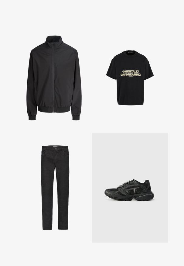 Schwarze, leichte Jacke mit Reißverschluss, Stehkragen, elastischen Bündchen und Bund, vor weißem Hintergrund dargestellt.; Schwarzes Baumwoll-T-Shirt mit lockerer Passform und großen cremefarbenen Buchstaben "©MENTALLY DAYDREAMING" auf der Vorderseite.; Schwarze Denim-Jeans mit geradem Schnitt. Zu den Merkmalen gehören fünf Taschen, ein Knopfverschluss und dezente Nähte entlang der Säume.; Schwarze Sport Sneaker mit einem Obermaterial aus Mesh, strukturierten Akzenten und gepolstertem Kragen. Schnürdesign mit einer dicken Gummisohle für Unterstützung.